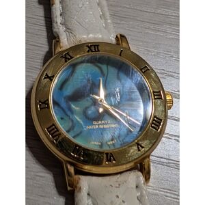 Vintage Y2K Women's Quartz‎ Watch Gold Roman Numerals Teal Abstract Dial Japan